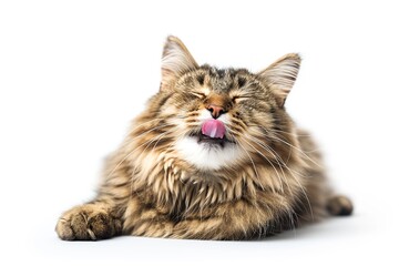 Fototapeta premium Lovely fluffy cat lying and licking lips on white background