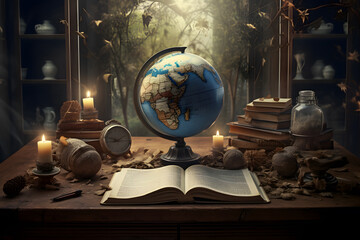 Old table with book and globe. World Poetry Day. World Book Day.