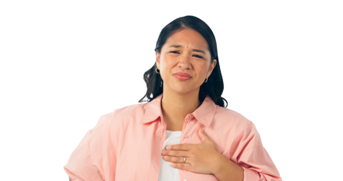 Cardiology, emergency and woman with chest pain or healthcare in transparent or png background. Cardiovascular, crisis and person with asthma problem in lungs, breathing or indigestion acid reflux