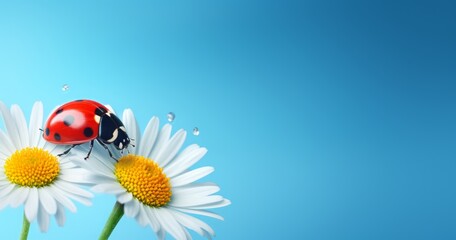 lady bug sitting on a daisy in blue background