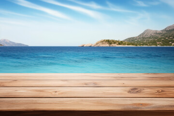 Fototapeta premium Serene Summer Escape: Blissful Beach Retreat with Tropical Blue Waters and Wooden Deck