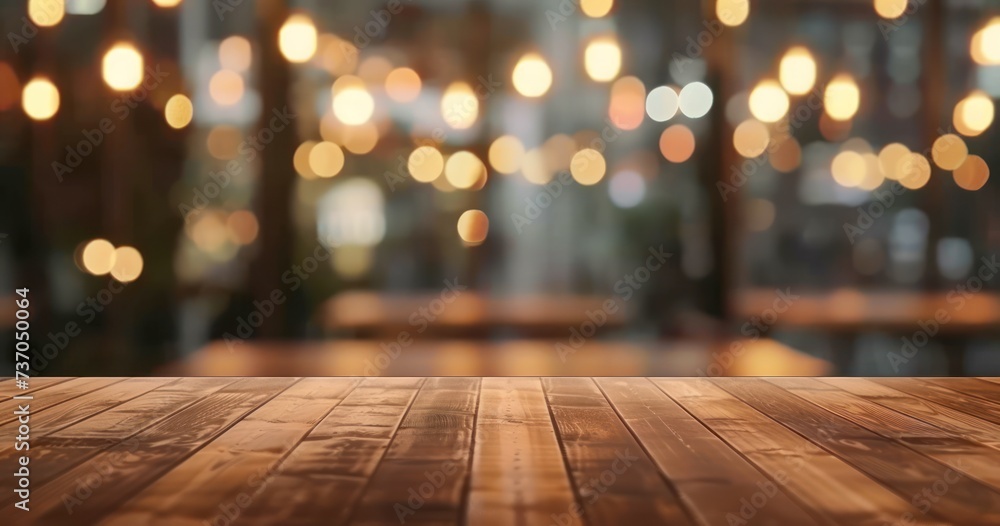 Poster urban rustic charm with spacious wooden table poised for product display light filters softly throug