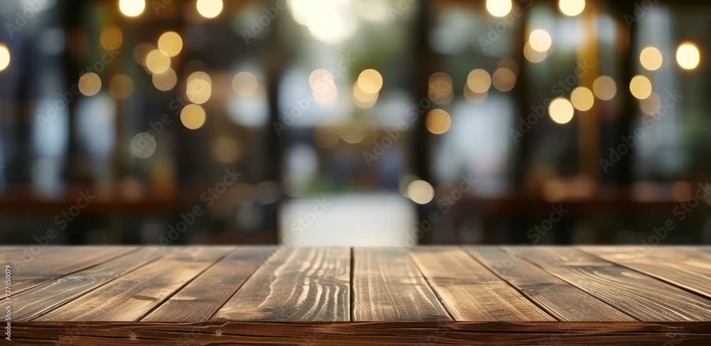 Poster urban rustic charm with spacious wooden table poised for product display light filters softly throug