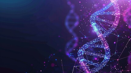 Abstract blue and purple 3d DNA molecule helix. Gene editing genetic biotechnology engineering concept. Low poly style design. Geometric background Wireframe light graphic connection structure Vector