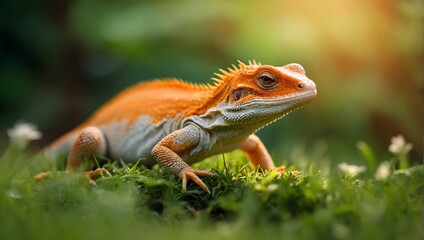 Close up of orange, white Lizard with reptilian features, standing on green grass with blurred green background.