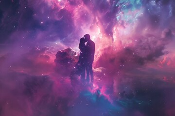 A celestial love story featuring a couple composed of stardust floating in the infinite expanse of a shimmering vibrant galaxy