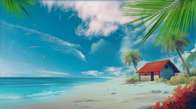 Beach with palm trees. Seamless looping time-lapse video animation background