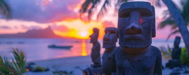 Enigmatic stone statues enhance the mysterious allure of Polynesias vibrant sunset. Concept Tropical Paradise, Stone Statues, Mysterious Sunset, Polynesian Vibes