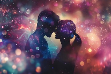 A celestial love story featuring a couple composed of stardust floating in the infinite expanse of a shimmering vibrant galaxy - obrazy, fototapety, plakaty