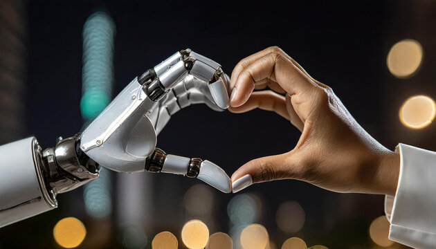 Main humain touche main métallique d'un robot pour former un cœur. Concept harmonie entre technologie IA et homme, sur un fond sombre flou.