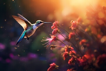 A macro shot of a hummingbird suspended mid-flight, its iridescent feathers catching the sunlight...