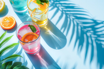 Summer layout with glassees with colourful cocktails and fruit, palm leaves on blue background. Sunlight through glass.