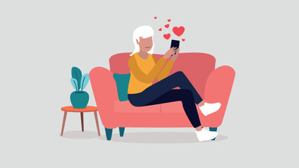 Vektor-Illustration einer Frau die mit ihrem Smartphone auf einer Online-Dating-Plattform flirtet - Dating-Konzept
