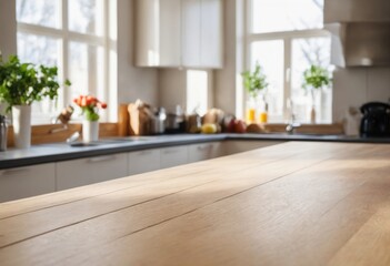 Wooden table top on blur kitchen room with window in background. Advertising template for utensil and products. For montage product display or design key visual layout. Generation Ai