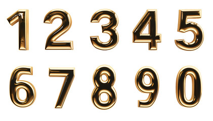 Set of golden shiny  numbers for banner or card decoration, digits 1 2 3 4 5 6 7 8 9 0, isolated on transparent background