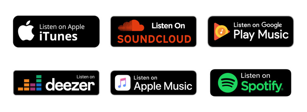 Music services with a Listen on button. iTunes, SoundCloud, Play Music, Deezer, Apple, Spotify listen on button. Music services editorial isolated buttons. Vector icons