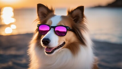 Funny portrait of sable and white shetland sheepdog with stylish pink sunglasses on holidays. Cute l  - obrazy, fototapety, plakaty