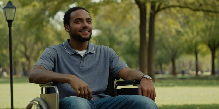 Portrait of a happy African American man sitting in a wheelchair in the park. International Day for the Rights of Persons with Disabilities. AI generated.