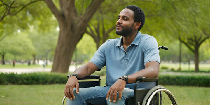 Portrait of a happy African American man sitting in a wheelchair in the park. International Day for the Rights of Persons with Disabilities. AI generated.