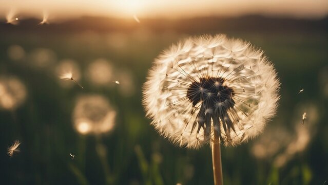 Dandelion seeds blowing in the wind across a summer field background, conceptual image meaning chang