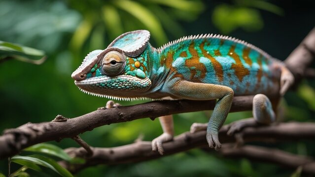 cute funny chameleon - Chamaeleo calyptratus on a branch , isolated on black background