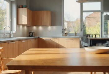 Wooden table top on blurred kitchen room with sunny light in background. Advertising template for utensil and products. For montage product display or design key visual layout. Generative Ai