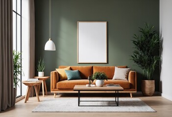 Cozy room with velvet yellow sofa and plant against wall. Picture on wall with mock up. Concept of Modern Scandinavian style. Ai generation
