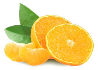 Tangerine and slices isolated on a white background.