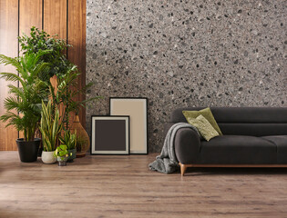 Home concept interior style, wall background wooden and grey marble, frame, sofa furniture, brown parquet style.