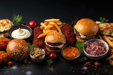 fast food or junk food on the kitchen table to post on social media professional advertising food photography