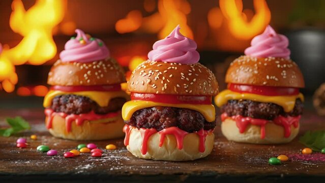 Indulge in the ultimate comfort food cuddly cupcake burgers These little treats look just like sliders but are made with soft cake and decorated with bright frosting toppings.