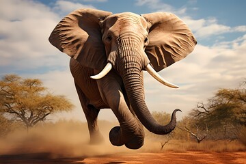 Fototapeta na wymiar A majestic elephant bull raising its trunk high in the air, a symbol of strength and wisdom in the animal kingdom.