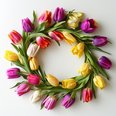 Wreath of Tulips on white background circle of flowers