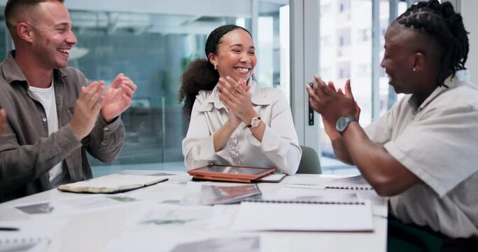 Collaboration, high five and applause for success with business people in boardroom of office together. Meeting, motivation or fist bump with man and woman employee team clapping in workplace