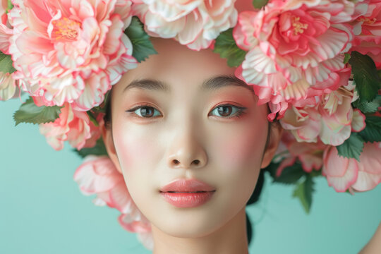 beautiful asian woman among flowers