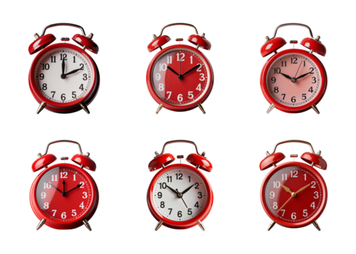 Collection of red alarm clock isolated on a transparent  background, PNG