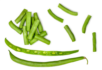 Fresh green beans isolated on a white background, top view