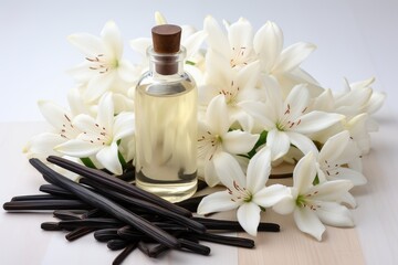 vanilla Essence extract with isolated kitchen table professional advertising food photography