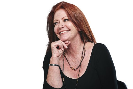 Mature, redhead woman and smile with ideas, vision and solutions for planning, future and fashion. Older female designer contemplating, wondering or daydreaming on isolated transparent png background