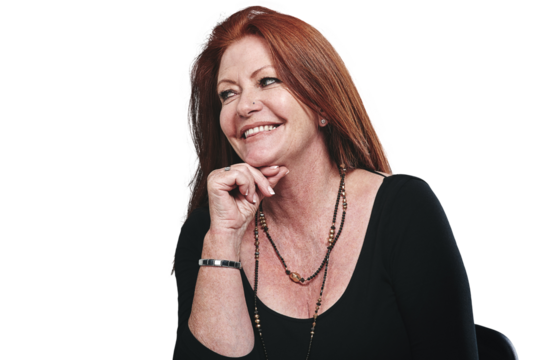 Mature, redhead woman and smile with ideas, vision and solutions for planning, future and fashion. Older female designer contemplating, wondering or daydreaming on isolated transparent png background