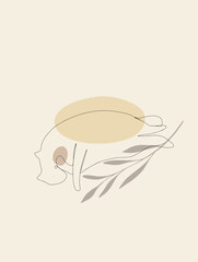 One line lying cat vector illustration with abstract shapes and plant branch, leaves beige colors