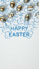 Creative vertical design with decorated eggs, doodles and Happy Easter text on white background. Concept of Easter, holiday, celebration. Template for banner, poster, postcards and greeting cards, ad