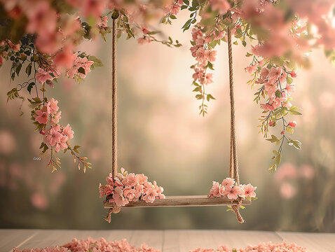 sfondo per fotografia di neonato o bimbi, sfondo di altalena ricoperta di fiori rosa, sfondo rosa, per inserimento  bimbe femmine 