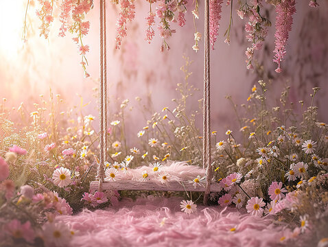 sfondo per fotografia di neonato o bimbi, sfondo di altalena ricoperta di fiori rosa, sfondo rosa, per inserimento  bimbe femmine 