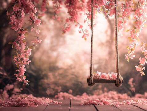 sfondo per fotografia di neonato o bimbi, sfondo di altalena ricoperta di fiori rosa, sfondo rosa, per inserimento  bimbe femmine 