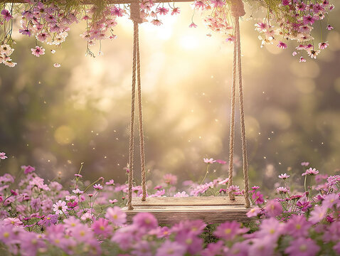 sfondo per fotografia di neonato o bimbi, sfondo di altalena ricoperta di fiori rosa, sfondo rosa, per inserimento  bimbe femmine 