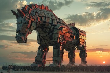 Unveiling deception: the legend of the trojan horse, a symbol of cunning strategy and ancient warfare, an iconic tale of infiltration, betrayal, and surprise in greek mythology and history - obrazy, fototapety, plakaty