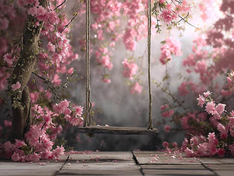 sfondo per fotografia di neonato o bimbi, sfondo di altalena ricoperta di fiori rosa, sfondo rosa, per inserimento  bimbe femmine 