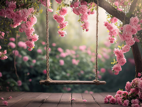 sfondo per fotografia di neonato o bimbi, sfondo di altalena ricoperta di fiori rosa, sfondo rosa, per inserimento  bimbe femmine 