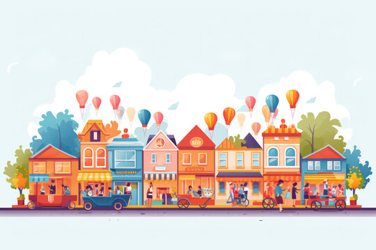 Cityscape Illustration with Colorful Balloons, Retro Houses, and a Vibrant Urban Landscape
